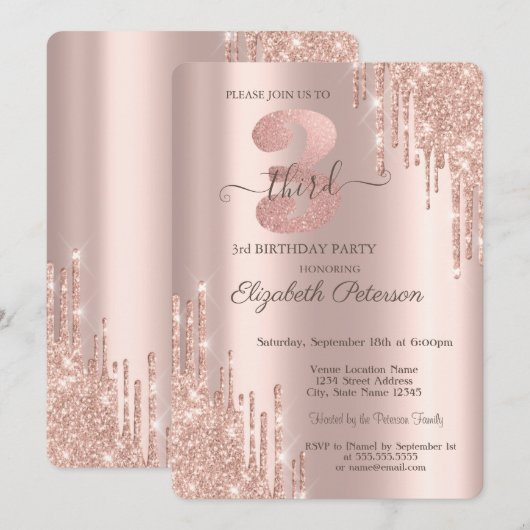 Elegant Glitter Drift Roos Gold 3rd Birthday Kaart (Voorkant / Achterkant)