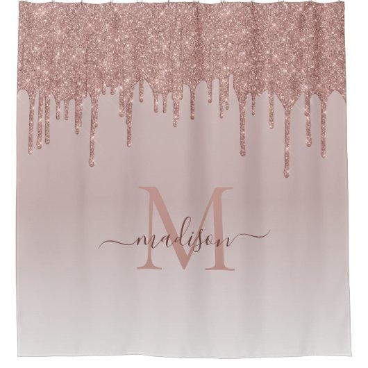 Elegant Glitter Drift Roos Gold Monogram Script Douchegordijn (Voorkant)