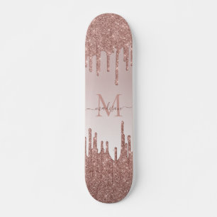 Elegant Glitter Drift Roos Gold Monogram Script Persoonlijk Skateboard