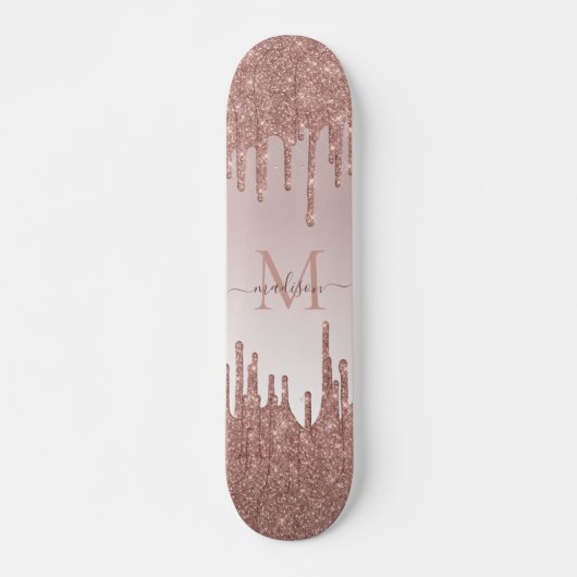 Elegant Glitter Drift Roos Gold Monogram Script Persoonlijk Skateboard (Voorkant)