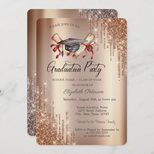 Elegant Glitter Drips, Afstudeerder Pet Diploma Af Kaart (Voorkant / Achterkant)