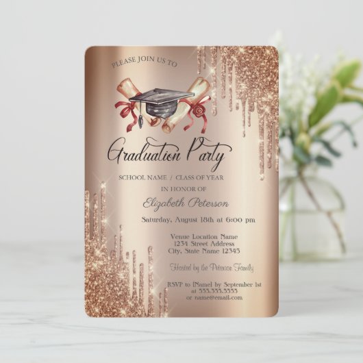 Elegant Glitter Drips, Afstudeerder Pet Diploma Af Kaart (Staand voorkant)