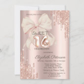 Elegant Glitter Drips Pink Bow Rose Gold Sweet 16  Kaart (Voorkant)