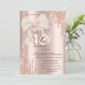 Elegant Glitter Drips Pink Bow Rose Gold Sweet 16  Kaart (Staand voorkant)