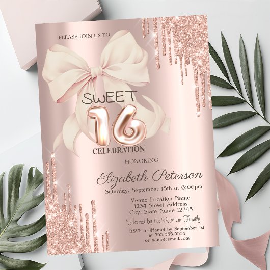 Elegant Glitter Drips Pink Bow Rose Gold Sweet 16  Kaart
