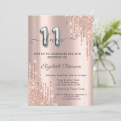 Elegant Glitter Drips Roos Gold 11e verjaardag Kaart (Staand voorkant)