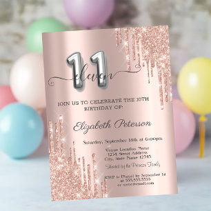 Elegant Glitter Drips Roos Gold 11e verjaardag Kaart