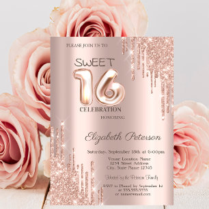 Elegant Glitter Drips Roos Gold Sweet 16 Kaart