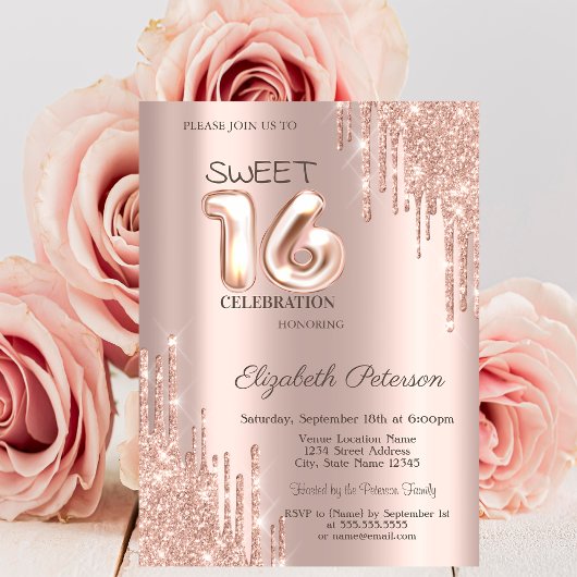 Elegant Glitter Drips Roos Gold Sweet 16 Kaart