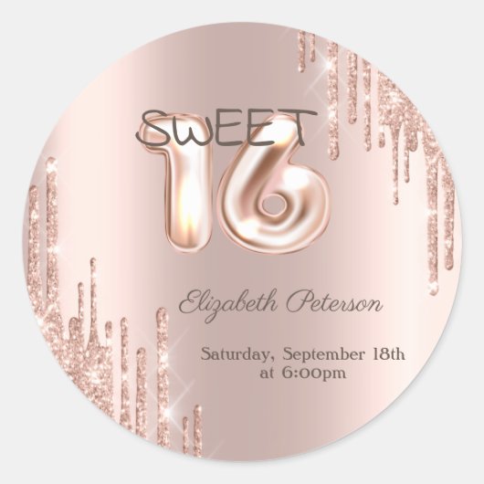 Elegant Glitter Drips Roos Gold Sweet 16 Ronde Sticker (Voorkant)