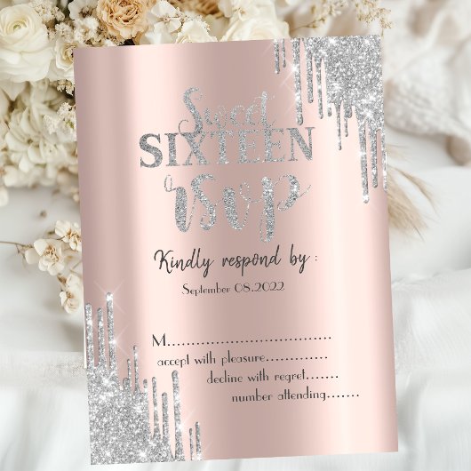 Elegant Glitter Drips Roze Goud Sweet 16 RSVP  Kaart