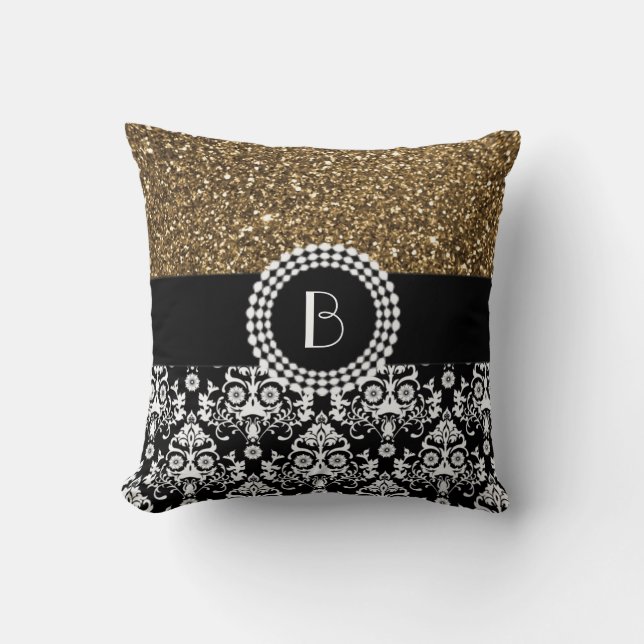 Elegant Glitter en Damask Patroon met Monogram Kussen (Voorkant)