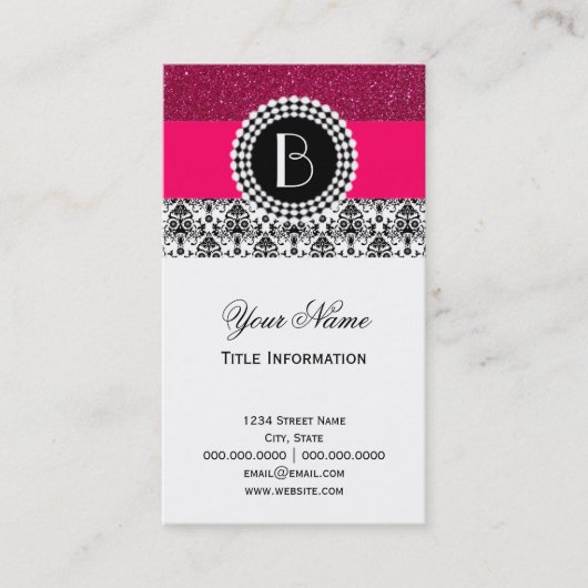 Elegant Glitter en Damask Patroon met Monogram Visitekaartje (Voorkant)