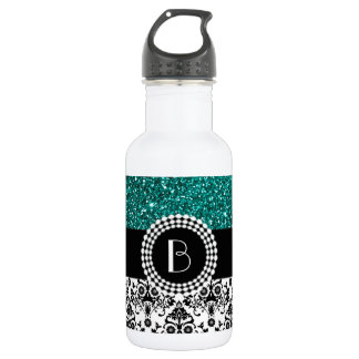 Elegant Glitter en Damask Patroon met Monogram Waterfles