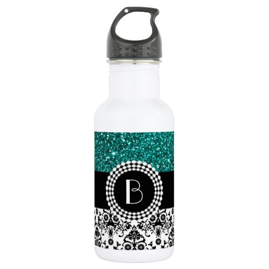 Elegant Glitter en Damask Patroon met Monogram Waterfles (Voorkant)