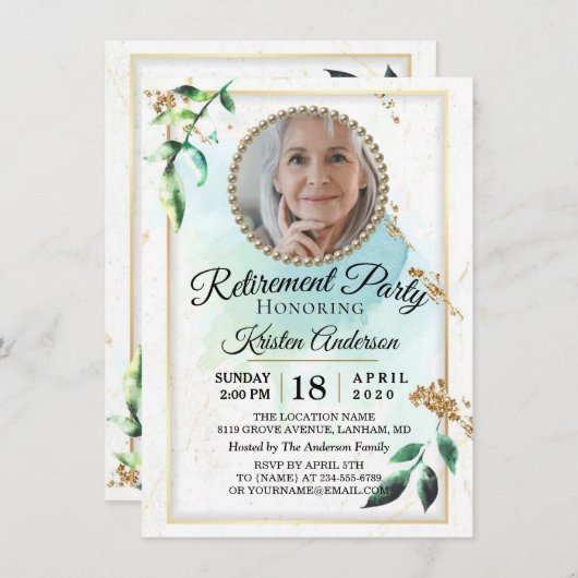 Elegant Glitter Eucalyptus Luxury Retirement Party Kaart (Voorkant / Achterkant)