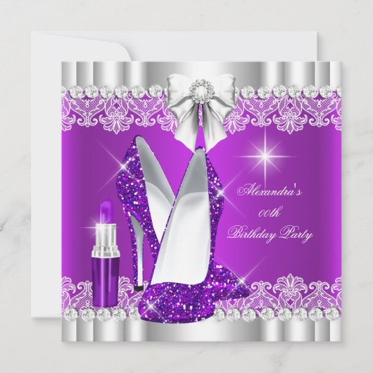 Elegant Glitter Glamor Paarse Hi Heels Lipstick Kaart (Voorkant)