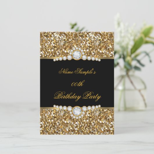 Elegant Glitter Gold Black Diamond Birthday Kaart (Staand voorkant)