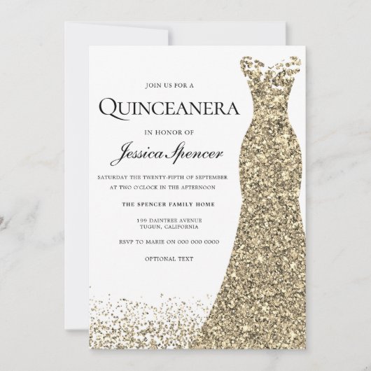 Elegant Glitter Gold Dress Quinceanera Invite Kaart (Voorkant)