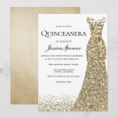 Elegant Glitter Gold Dress Quinceanera Invite Kaart (Voorkant / Achterkant)