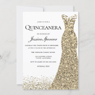 Elegant Glitter Gold Dress Quinceanera Invite Kaart