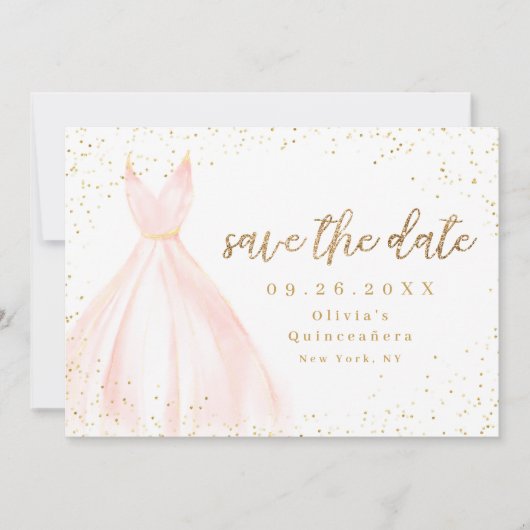 Elegant glitter gold en blush dress save the date (Voorkant)