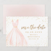 Elegant glitter gold en blush dress save the date (Voorkant / Achterkant)