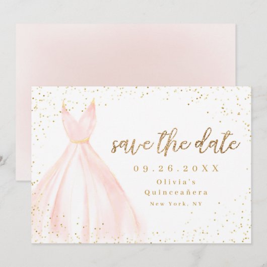 Elegant glitter gold en blush dress save the date (Voorkant / Achterkant)