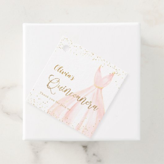 Elegant glitter gold en blush jurk quinceañera bedankjes labels (In situ)