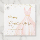Elegant glitter gold en blush jurk quinceañera bedankjes labels (Voorkant)