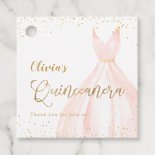 Elegant glitter gold en blush jurk quinceañera bedankjes labels (Voorkant)
