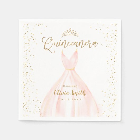 Elegant glitter gold en blush jurk quinceañera servet (Voorkant)