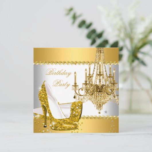 Elegant Glitter Gold Glamor Chandelier Party Kaart (Staand voorkant)