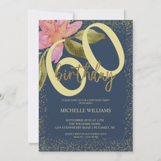 Elegant Glitter Gold Waterverf Floral Chic Invita Kaart (Voorkant)