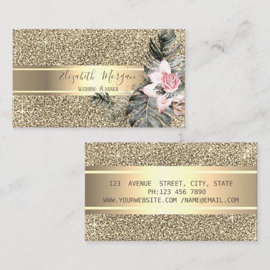 Elegant glitter, goudstreep, palmbladeren, Rozen Visitekaartje (Voorkant / Achterkant)
