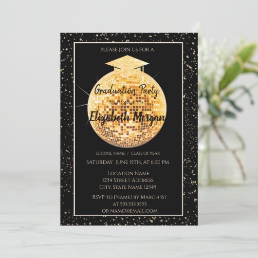 Elegant Glitter Graduation Cap, Disco Ball Confett Kaart (Staand voorkant)