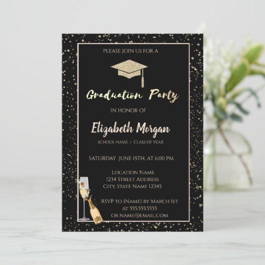 Elegant Glitter Gradup, Confetti, wijn, glas Kaart (Staand voorkant)