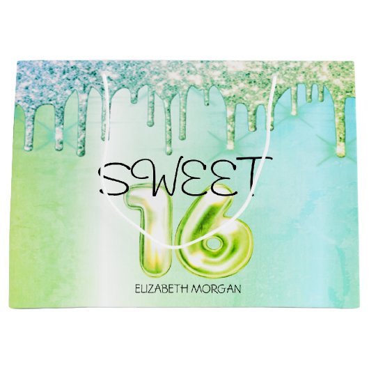 Elegant Glitter Groen Drips Groen Zoet 16 Groot Cadeauzakje (Voorkant)