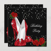 Elegant Glitter High Heels Red Rose Birthday 3 Kaart (Voorkant / Achterkant)