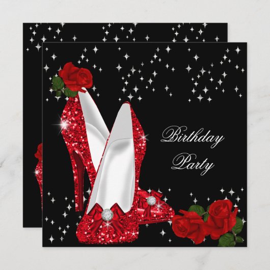 Elegant Glitter High Heels Red Rose Birthday 3 Kaart (Voorkant / Achterkant)