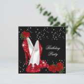 Elegant Glitter High Heels Red Rose Birthday 3 Kaart (Staand voorkant)