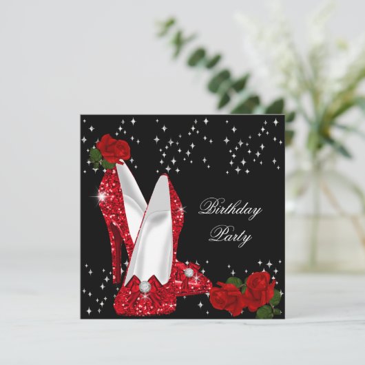 Elegant Glitter High Heels Red Rose Birthday 3 Kaart