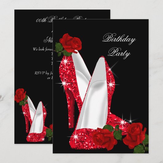 Elegant Glitter High Heels Red Rose Black Birthday Kaart (Voorkant / Achterkant)