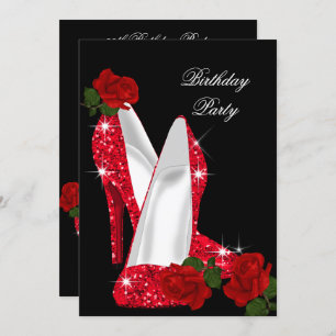 Elegant Glitter High Heels Red Rose Black Birthday Kaart