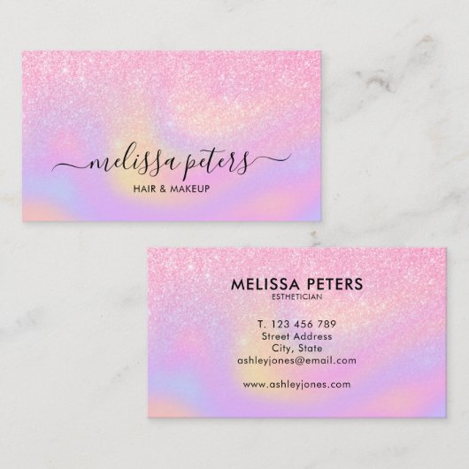 Elegant Glitter Holographic Script Makeup Artist Visitekaartje (Voorkant / Achterkant)