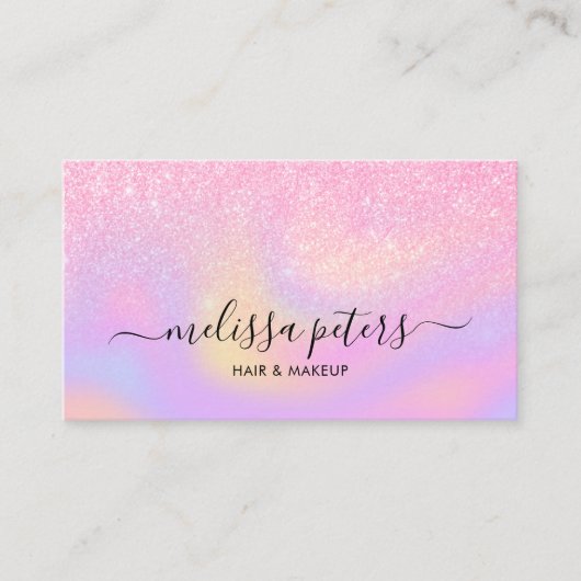 Elegant Glitter Holographic Script Makeup Artist Visitekaartje (Voorkant)