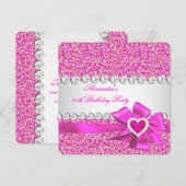 Elegant Glitter Hot Pink Heart Bow Birthday Party Kaart (Voorkant / Achterkant)