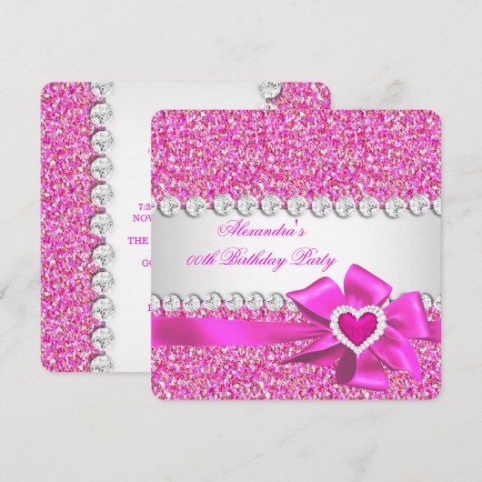 Elegant Glitter Hot Pink Heart Bow Birthday Party Kaart (Voorkant / Achterkant)