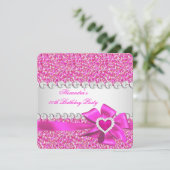 Elegant Glitter Hot Pink Heart Bow Birthday Party Kaart (Staand voorkant)