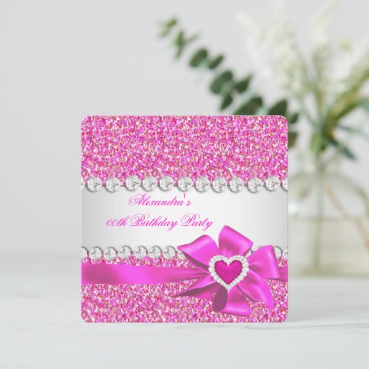 Elegant Glitter Hot Pink Heart Bow Birthday Party Kaart (Staand voorkant)